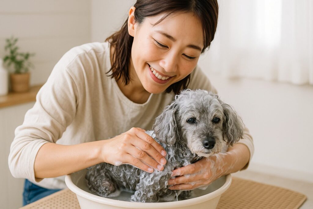 滑り止めマットのある洗面所で、日本人女性が老犬のシルバートイプードルを穏やかに洗っている場面。