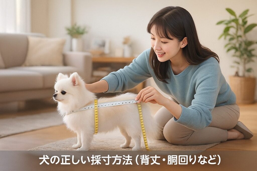 日本人女性が小型犬の背丈や胴回りをメジャーで測定している実写風画像