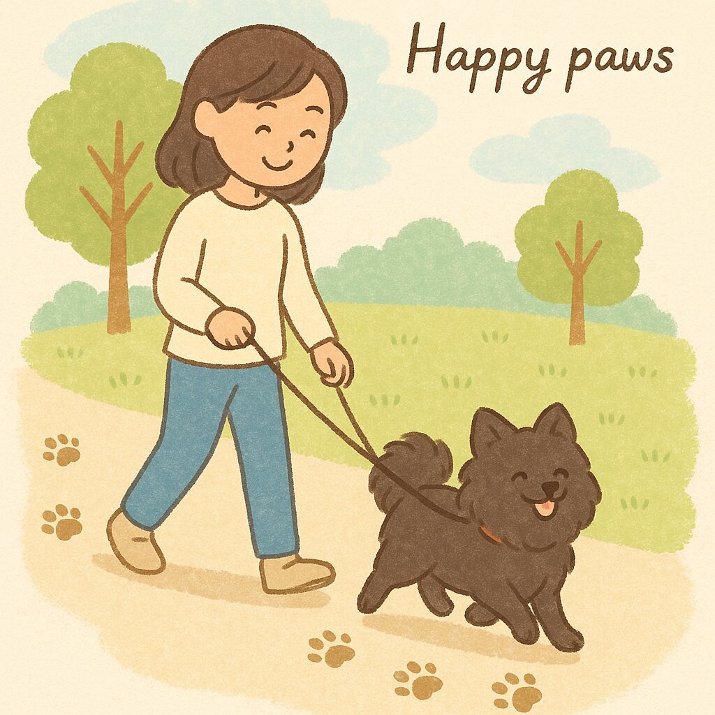 日本人女性と黒ポメラニアンが散歩しながら足跡を残す可愛いイラスト