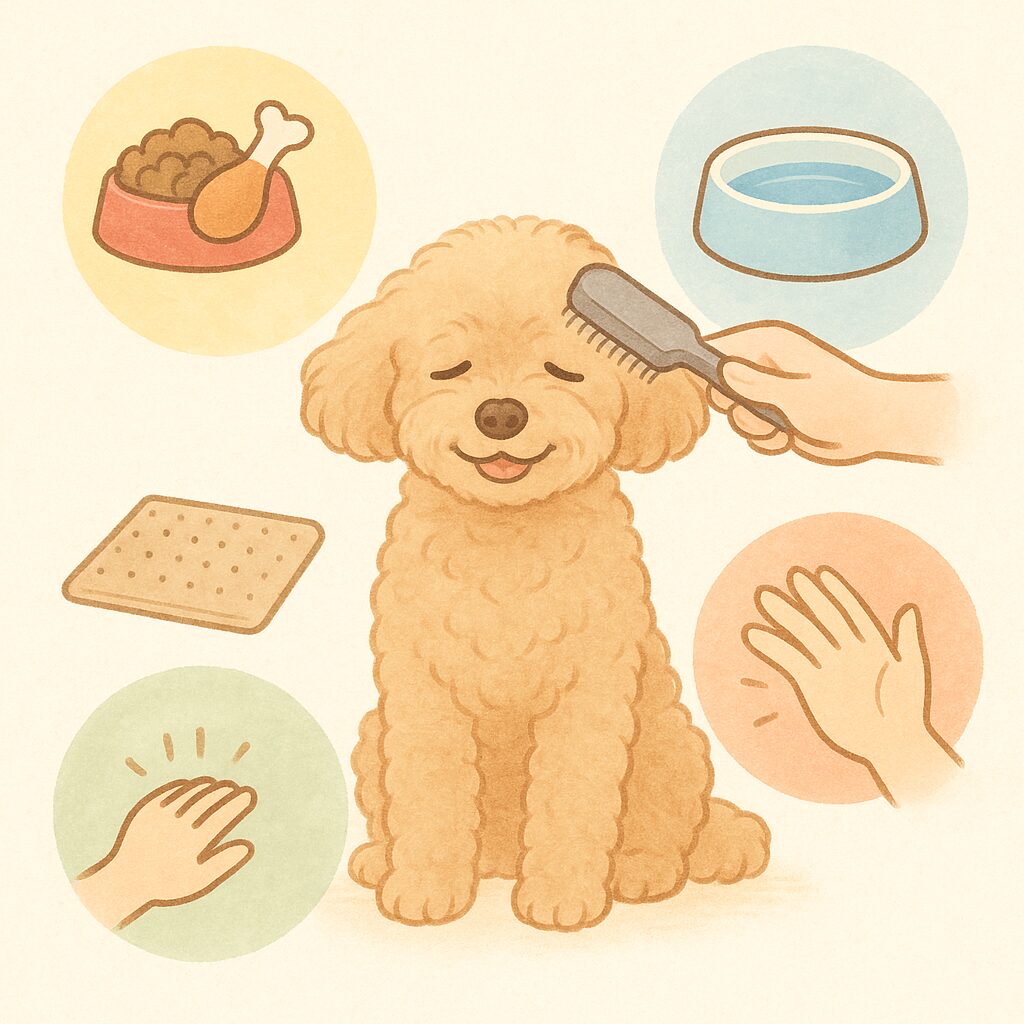 ブラッシングやフード、滑り止めマットなどトータルケアで床ずれ予防をする老犬のイラスト