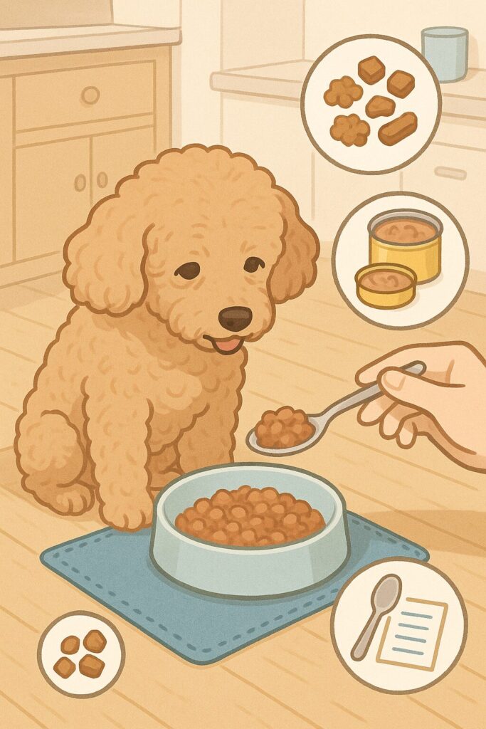 食器の下に滑り止めマットを敷き、やわらかいフードをスプーンですくってもらう老犬のイラスト