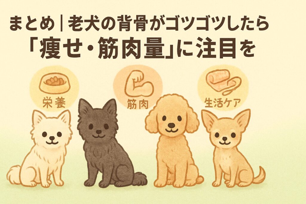 白ポメラニアン・黒ポメラニアン・アプリコットプードル・チワワのシニア犬が並び、栄養・筋肉・生活ケアのアイコンに囲まれているまとめ用イラスト