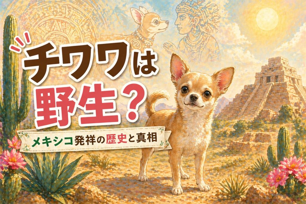 メキシコの遺跡を背景に、小さなチワワがたたずむ。古代と現代が融合した優しいイラスト