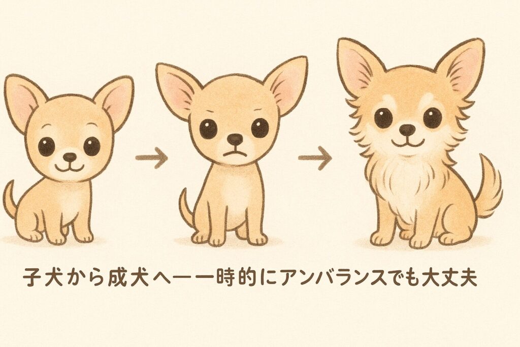 チワワの成長を段階的に示すかわいいイラスト。丸顔→少しマズルが伸びる→毛量が戻る、の3コマ風。柔らかいパステル色、優しい手描きタッチ
