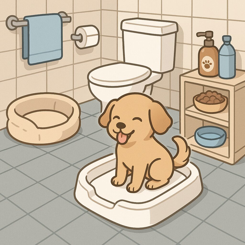 ベッド・シート・水・マットだけを置いた老犬向けトイレ環境を俯瞰で描いたイラスト