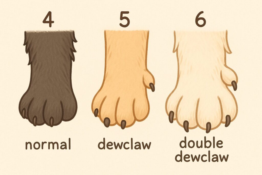 ダブルデュークローや多指症の犬の後ろ足を比較したイラスト