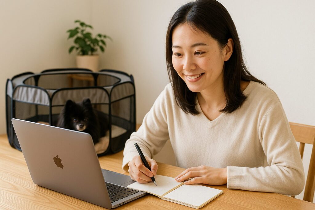 「ノートPCで円形サークルの商品を比較し、そばの円形サークルでくつろぐ黒ポメラニアンがいる室内の写真風画像」