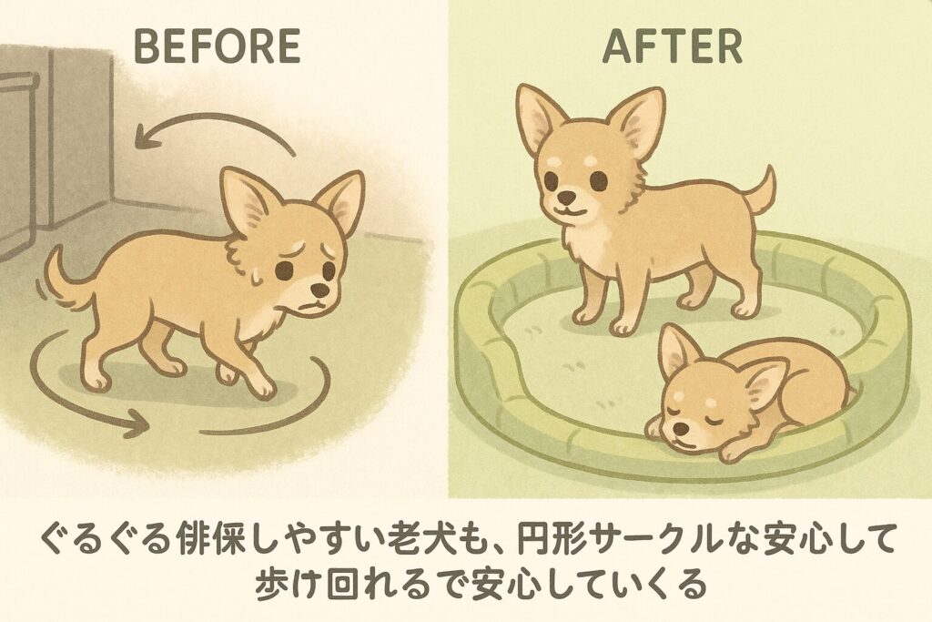 「徘徊でぶつかりそうな老犬と、円形サークルで安心して過ごす老犬を対比したイラスト」