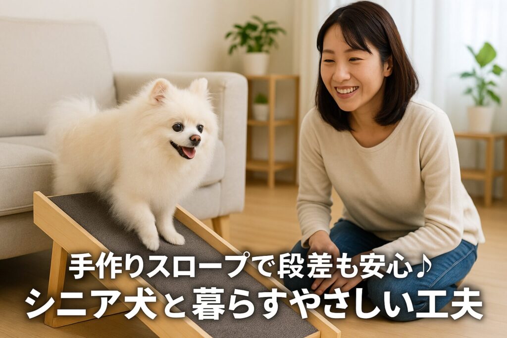 　「明るいリビングで、白ポメラニアンのシニア犬が木製の手作りスロープをゆっくり上っている。清潔感のあるナチュラルな部屋で、自然な笑顔の綺麗な日本人女性がそっと見守っている実写風写真。スロープには滑り止めマットが敷かれ、ソファの段差がやさしく解消されている様子。」