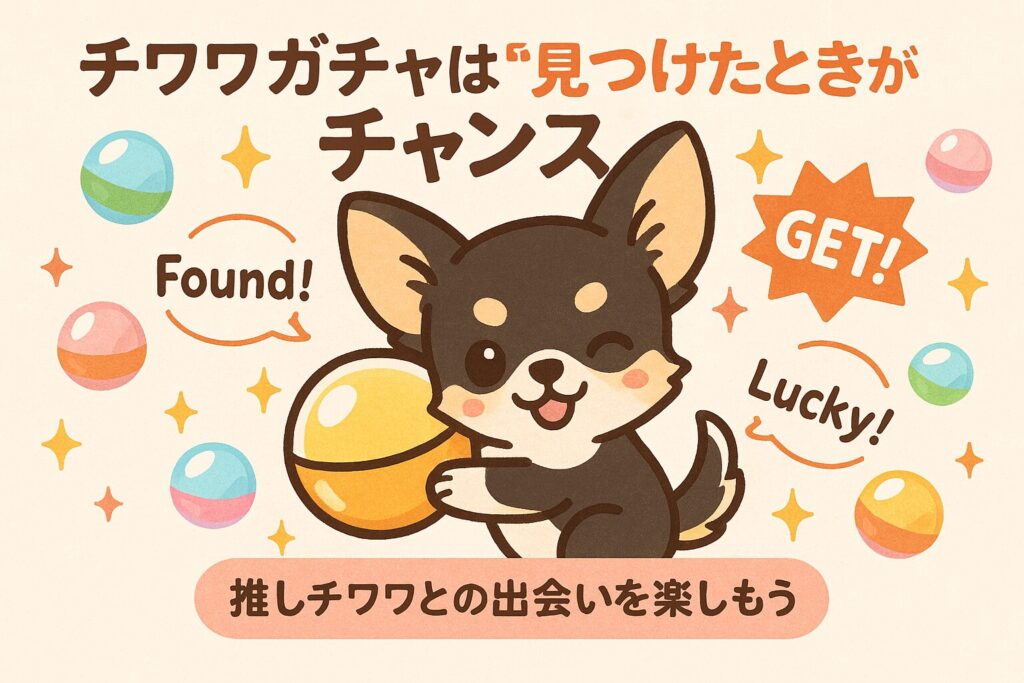 ガチャカプセルを抱えたチワワがウィンクするイラスト。カラフルなカプセルと「GET!」「Lucky!」の吹き出し入り