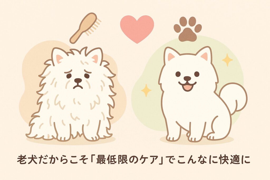 トリミング前後の白ポメラニアン老犬を対比したイラスト。毛玉の状態とスッキリ整った姿を描いたもの。