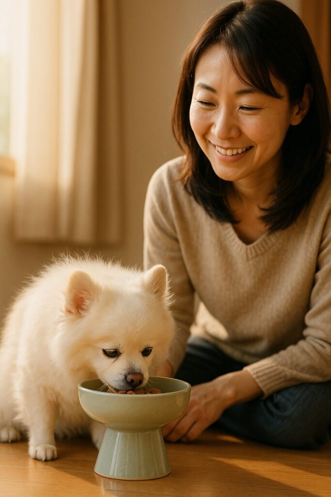 高さと角度の合う食器で、ごきげんに食事する白ポメラニアンの老犬と日本人女性の写真