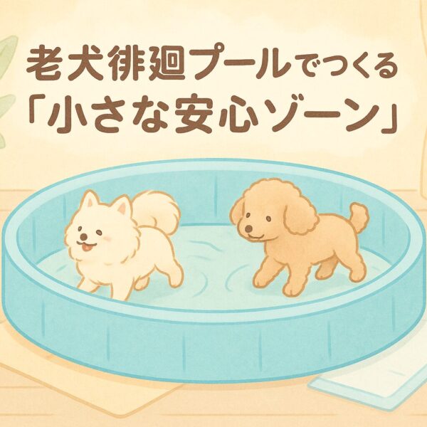 ビニールプール型サークルの中を歩くシニア犬たちと安心できる徘徊スペースのイラスト