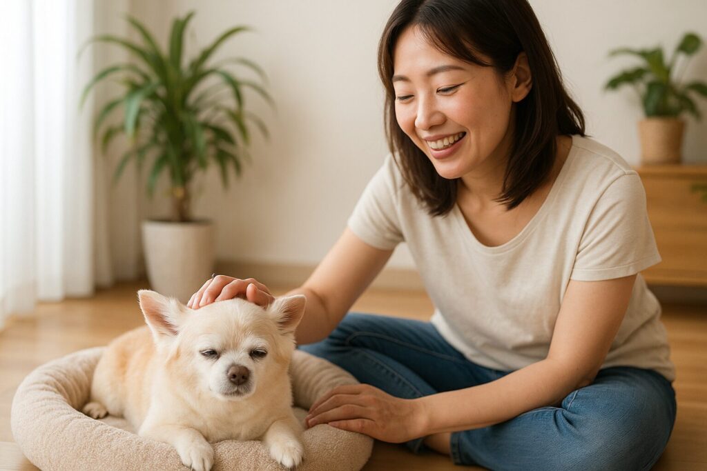 トリミング後にクッションベッドでくつろぐチワワの老犬と、優しく撫でる日本人女性の実写風写真