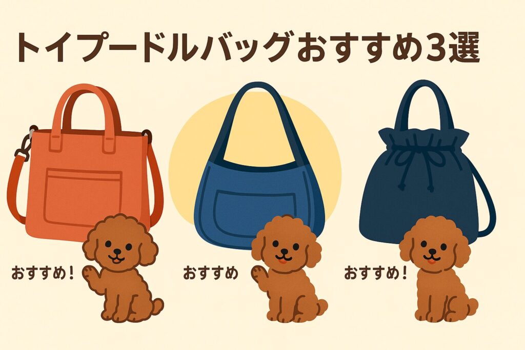 厳選された3種類のトイプードルバッグと、それぞれのバッグの横に並ぶトイプードルのイラスト