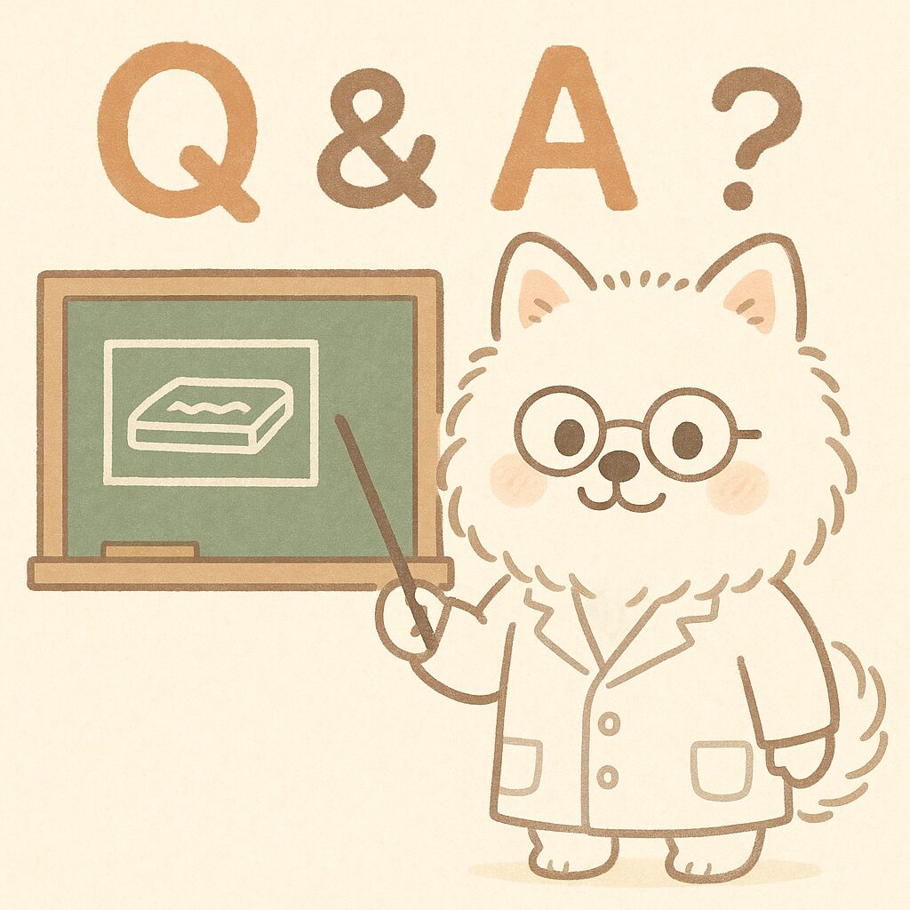 床ずれ防止マットについて黒板で説明する白ポメラニアン研究員のイラスト