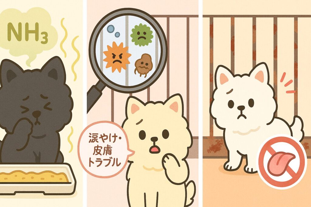 「ケージ掃除を怠ったときの3つの悪影響を示す可愛いイラスト」