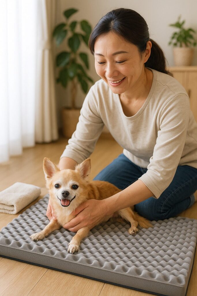 床ずれ防止マットの上で体位変換のサポートを受けるチワワと日本人女性