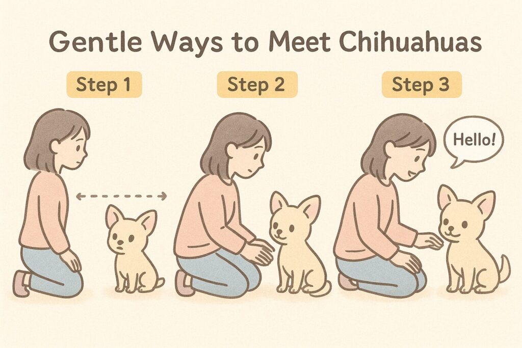 チワワとの距離を少しずつ縮める3ステップをやさしいタッチで描いたイラスト。