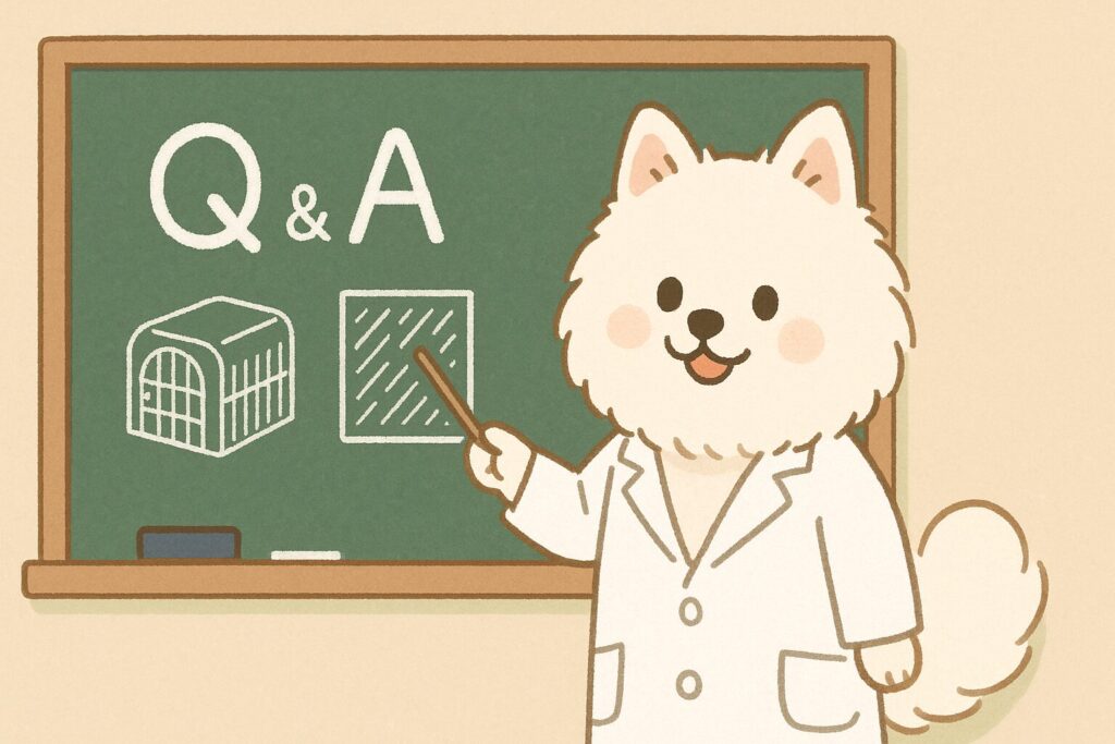 白衣を着たポメラニアンが黒板の前で、防音ケージや吸音パネルのイラストを指しながら説明しているFAQ風イラスト