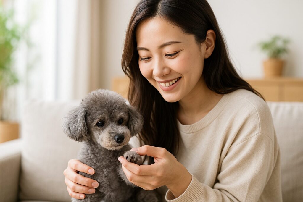 室内で日本人女性が小型犬の足先を優しく確認する実写風画像
