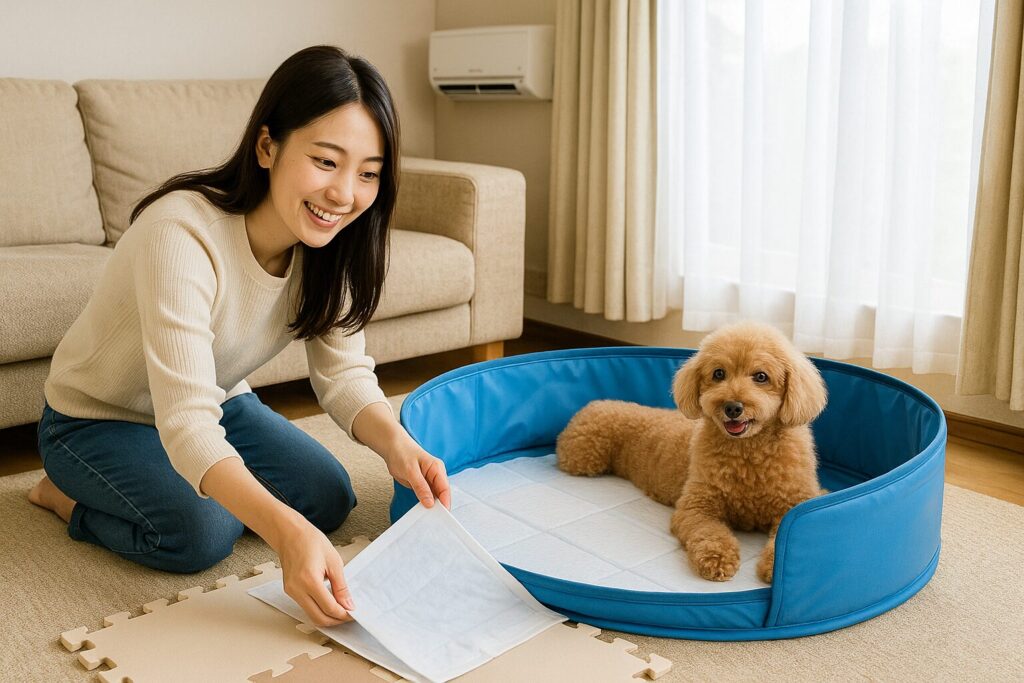 リビングでビニールプール型サークルの中にマットを敷き、老犬のための安全な徘徊スペースを整える日本人女性の写真風画像