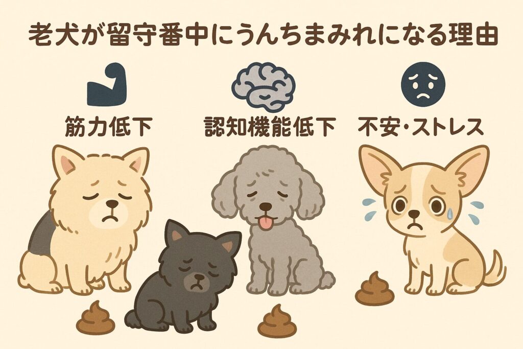 老犬がうんちまみれになる主な原因を3匹の犬で表した説明イラスト