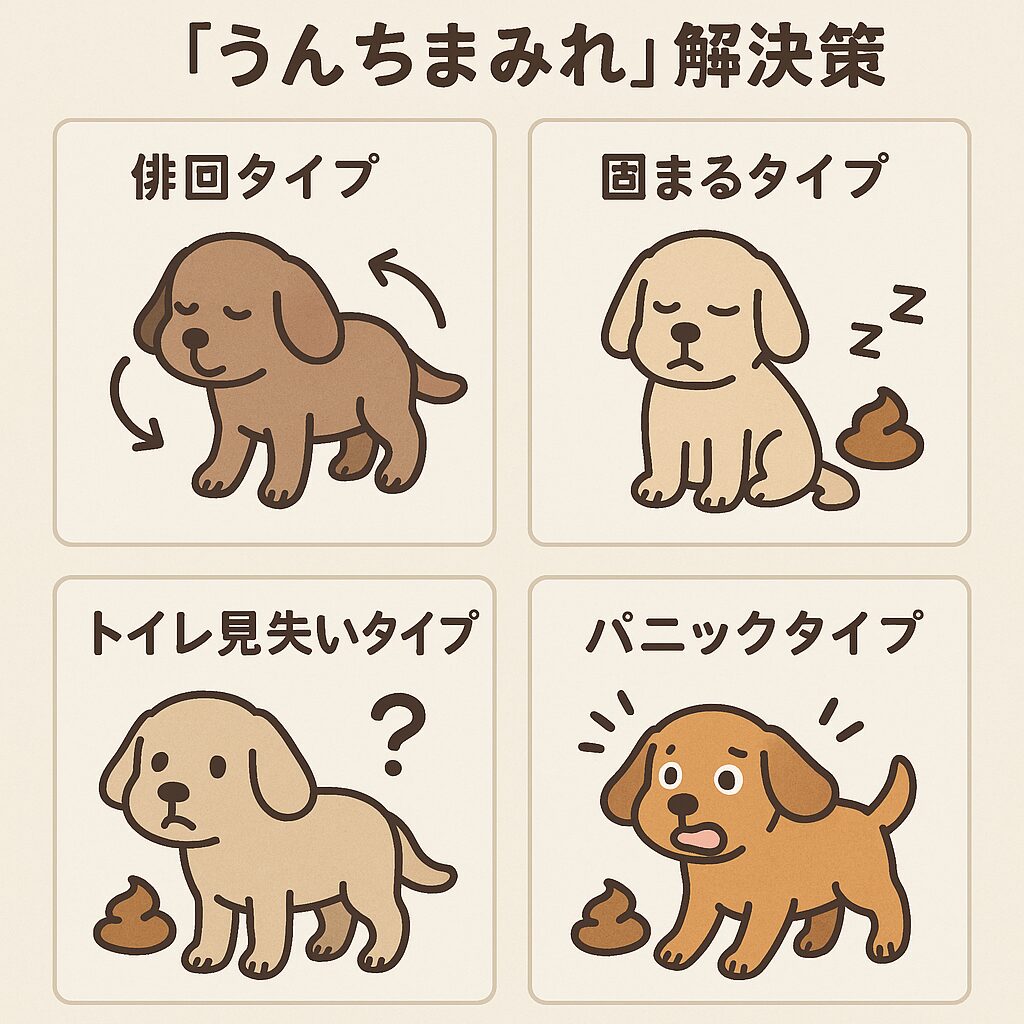 老犬がうんちまみれになる行動タイプを5分類し、それぞれの特徴と対策をまとめたイラスト