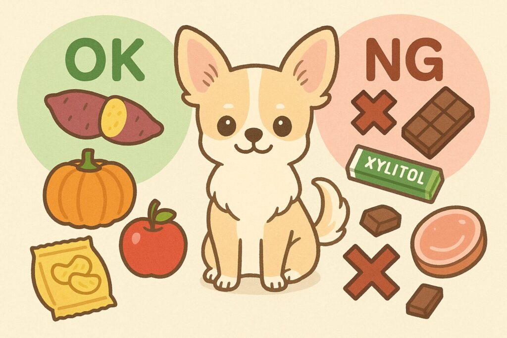 さつまいもやりんごなど犬にOKな食材と、チョコレートやポテトチップスなどNGな人間の食べ物を見比べるチワワのイラスト
