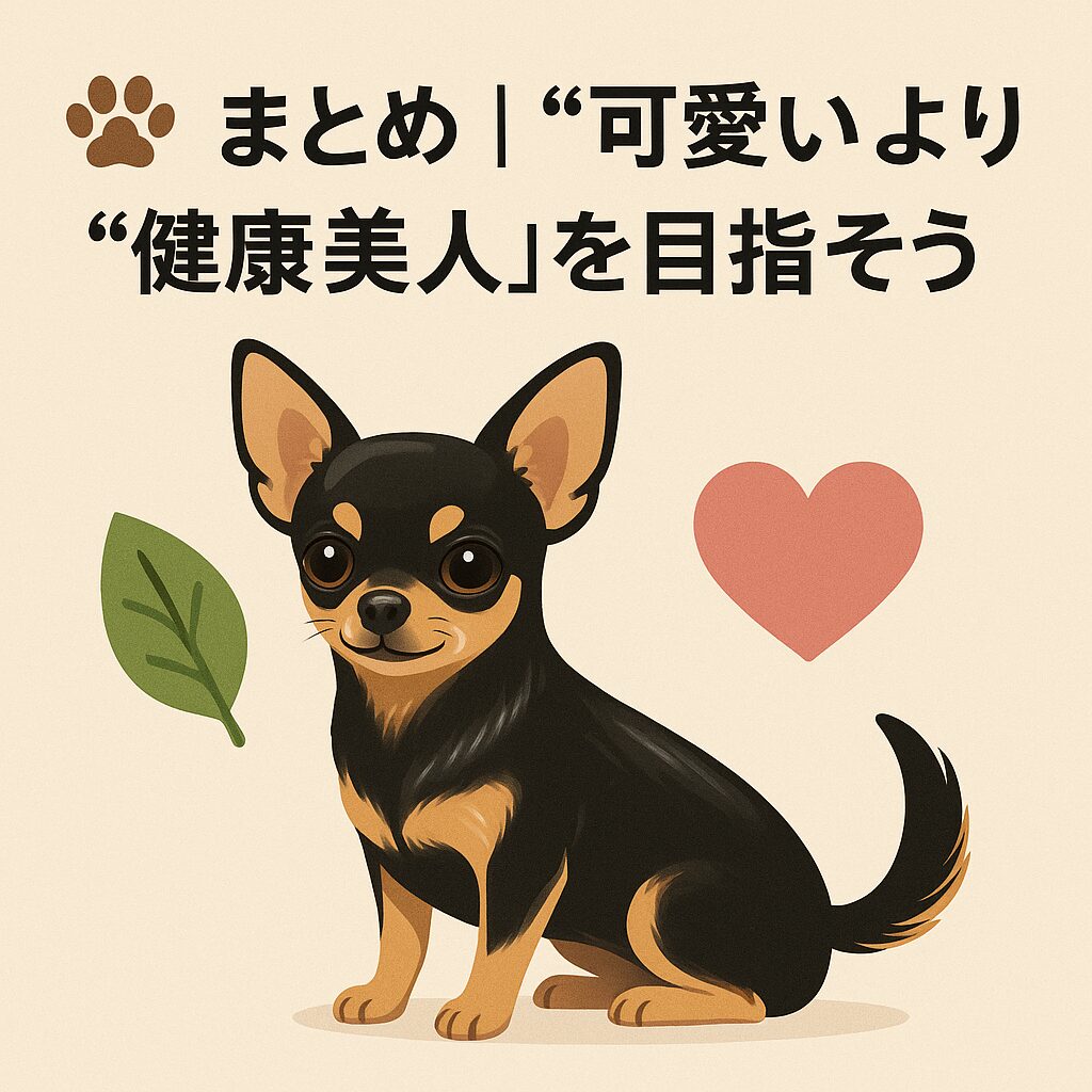 黒と茶の被毛がツヤツヤと輝くチワワのイラスト。葉っぱとハートが添えられ、「まとめ|可愛いより健康美人を目指そう」という文字が描かれた画像。