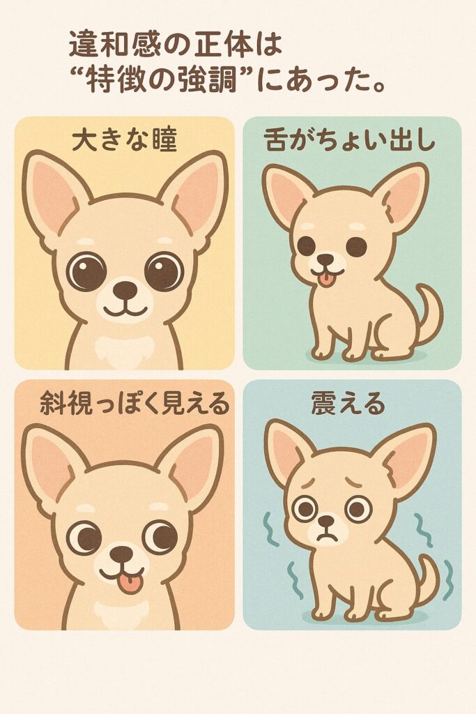 大きな瞳や舌の出たチワワをやさしいトーンで説明する4コマ風イラスト。