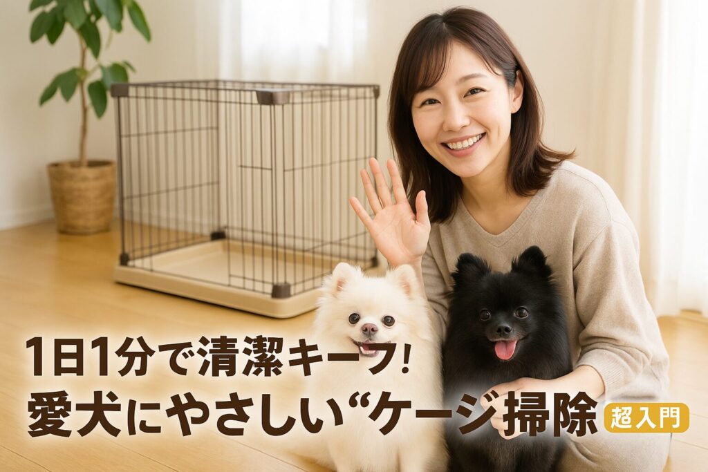 「日本人女性と白黒ポメラニアン、清潔なトレー分離型ケージがある明るいリビングのアイキャッチ」