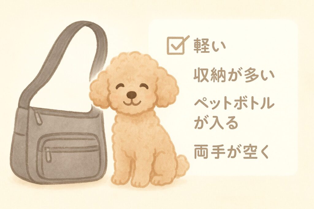 トイプードルとお散歩バッグの横に、軽さと収納力など4つのポイントがチェックされたボードが並ぶイラスト