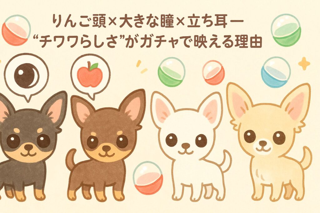 チワワの毛色(ブラックタン・チョコタン・ホワイト・クリーム)が並ぶ可愛いイラスト。特徴を吹き出しで示す構図