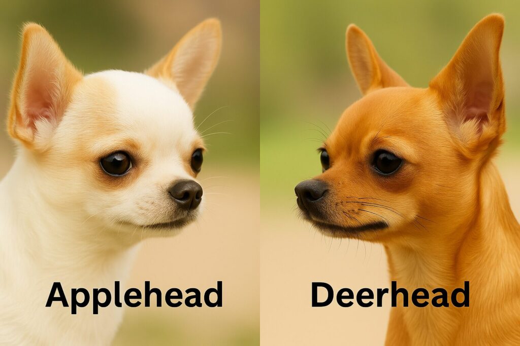 アップルヘッドとディアヘッドのチワワを並べた比較写真。アップルヘッドは丸い頭と短いマズル、ディアヘッドは細長い鼻筋が特徴。