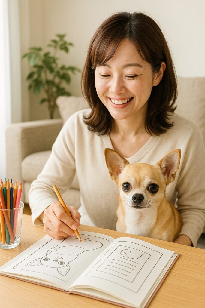 自然光のリビングで、チワワと微笑む日本人女性が塗り絵を楽しむ様子