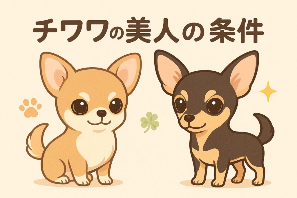 「アップルヘッドとディアヘッドを並べた可愛いイラストのチワワ。美人の条件を優しく伝えるアイキャッチ」