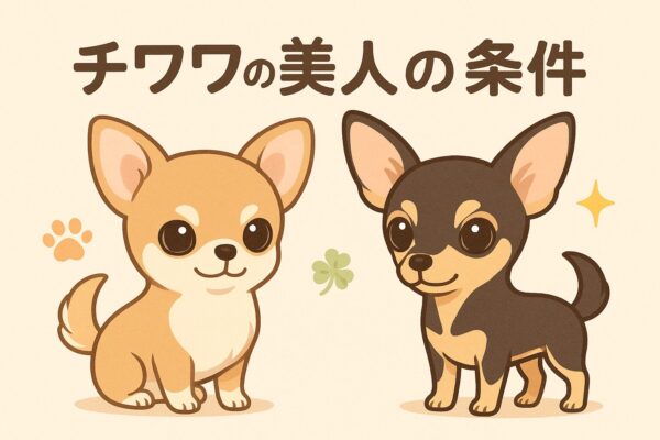 「アップルヘッドとディアヘッドを並べた可愛いイラストのチワワ。美人の条件を優しく伝えるアイキャッチ」
