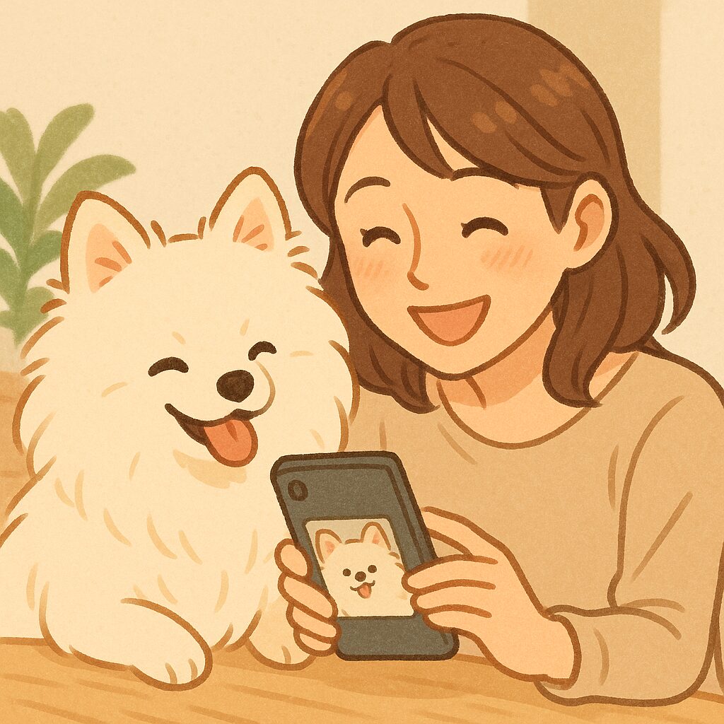 犬の写真集を出版して喜ぶ飼い主と白ポメラニアンのイラスト