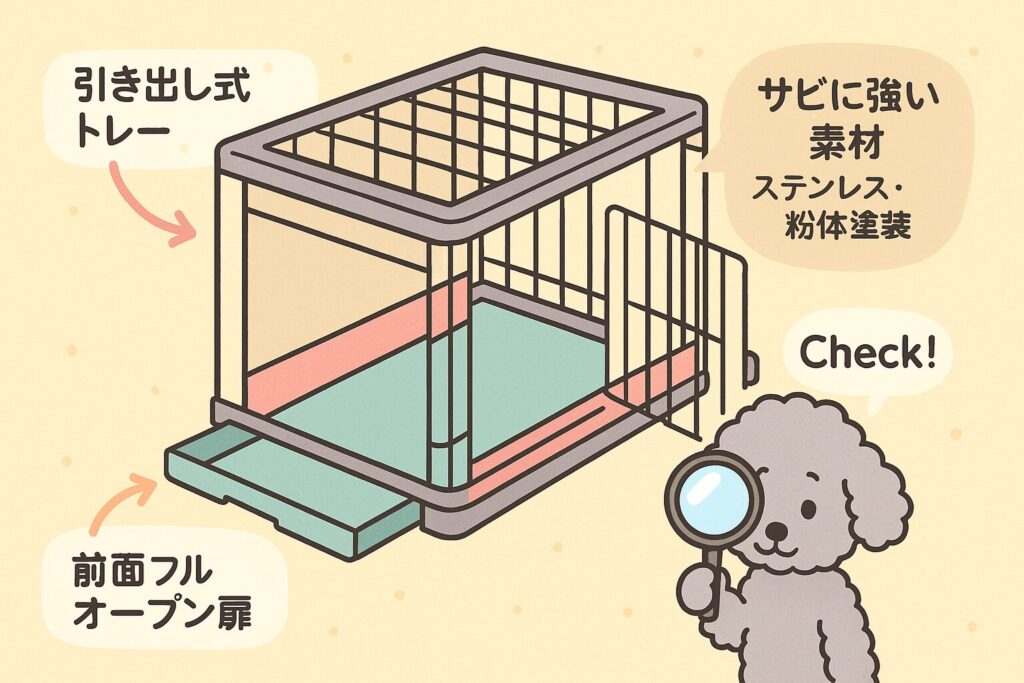 「掃除しやすい犬用ケージの構造ポイントを示す可愛い図解イラスト」