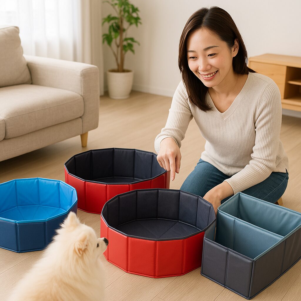 ビニールプール型サークルを3種類並べて比較し、シニア犬に合う徘徊プールを選ぶ日本人女性と白ポメラニアンの写真風画像