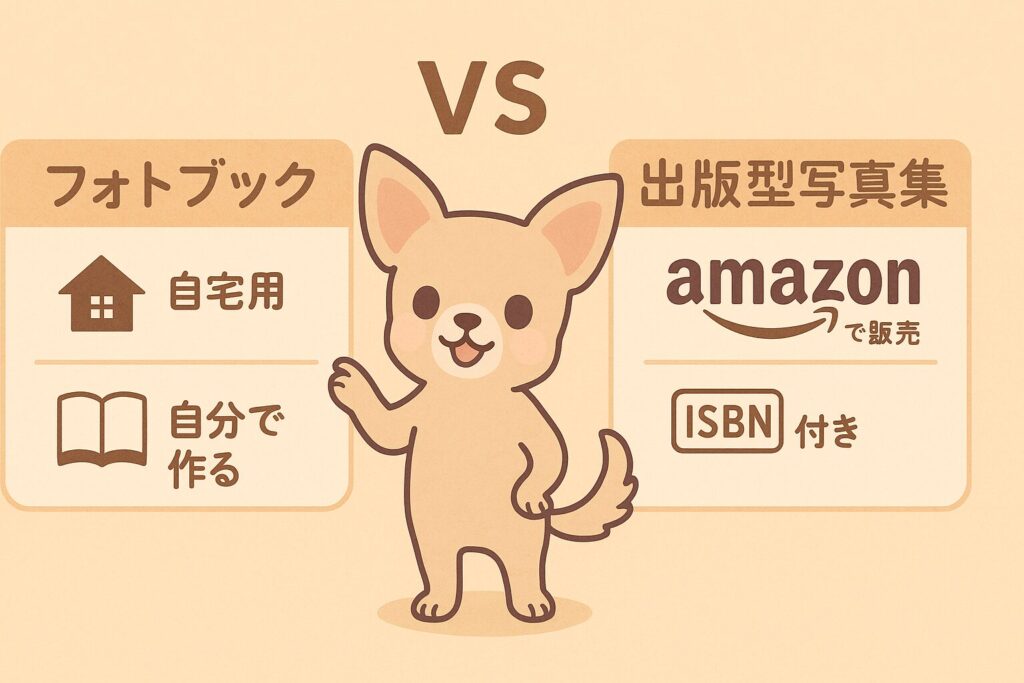 中央のチワワが「フォトブック」と「出版型写真集」の違いを解説しているイラスト