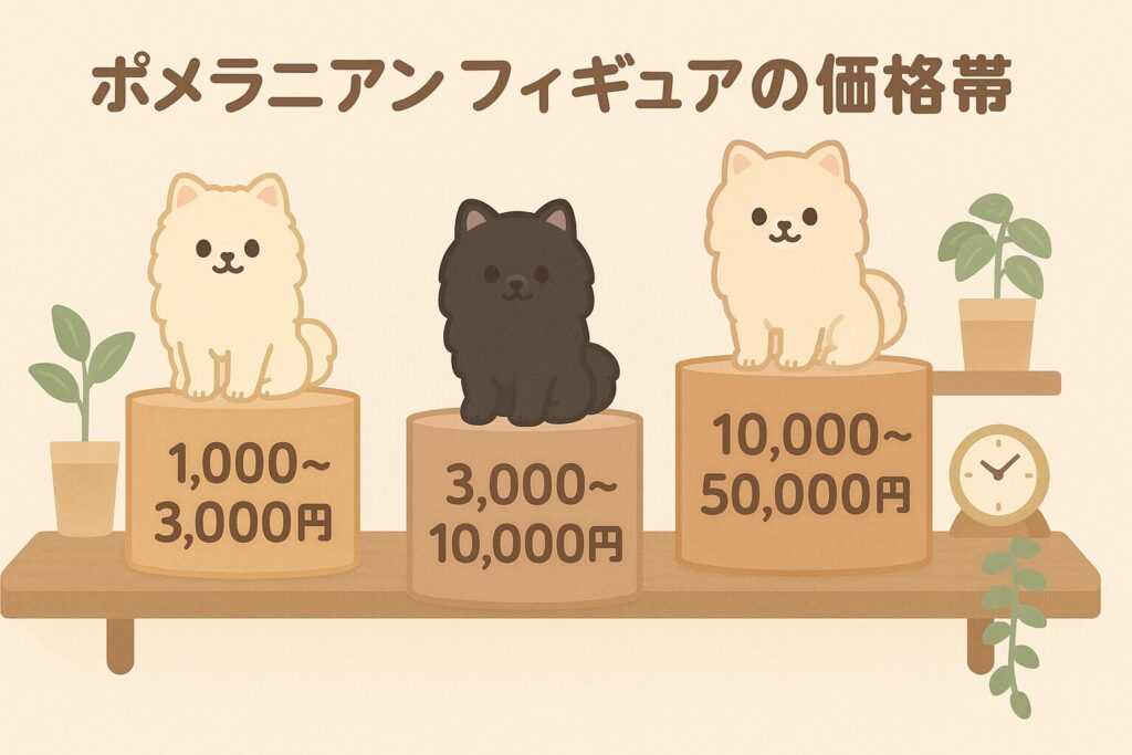 価格帯ごとに台に乗ったポメラニアンフィギュアのイラスト