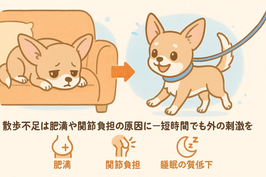 散歩不足と散歩後の差を対比したチワワのイラスト