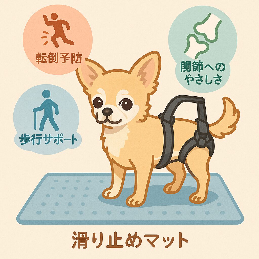 滑り止めマットの上で歩行補助ハーネスをつけたチワワの老犬と、介護用品のポイントを示した図解風イラスト