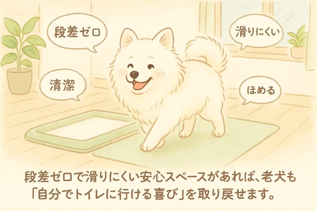 段差のないトイレトレーとマットの上を、安心した表情で歩く白ポメラニアンの老犬を描いたまとめ用イラスト