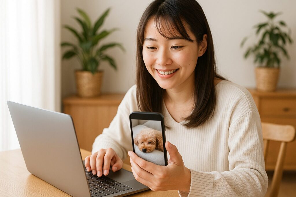 日本人女性がスマホのペットカメラで老犬の様子を確認している実写風写真