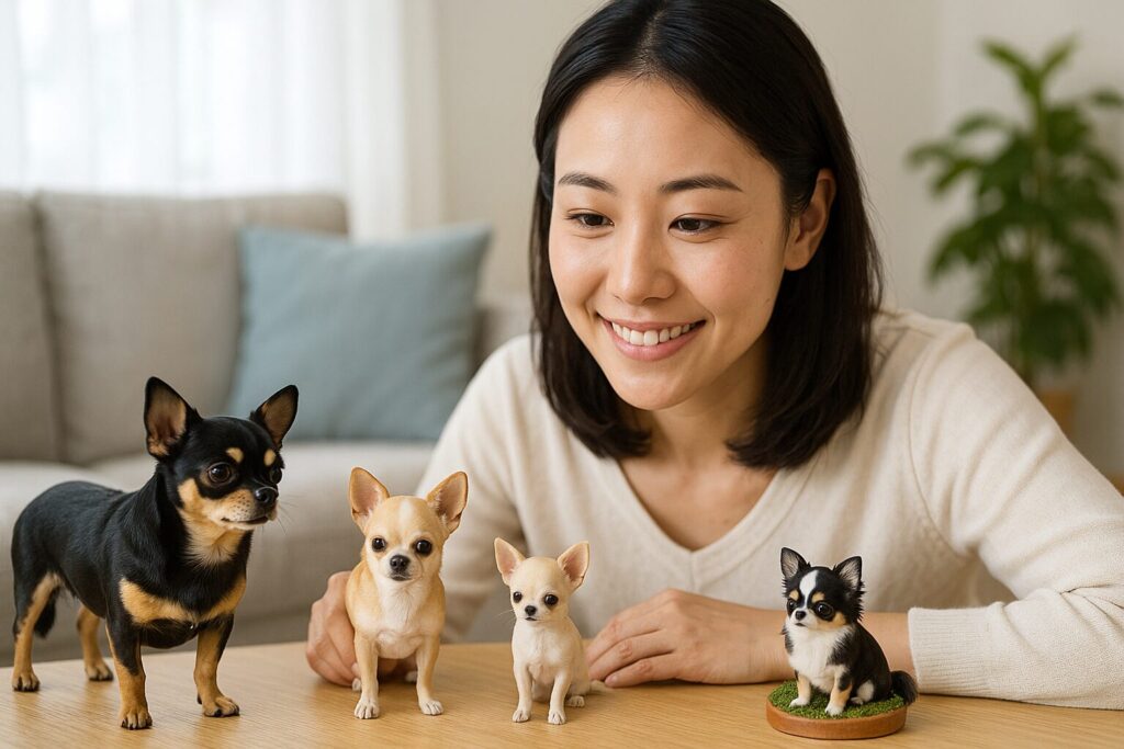 テーブルに並んだチワワフィギュアを日本人女性が見比べている実写風画像。