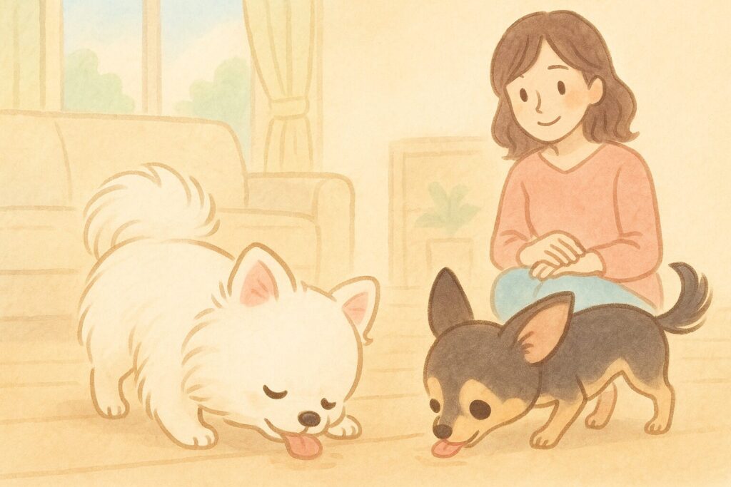 白ポメラニアンとチワワが床を舐め、飼い主の女性が穏やかに見守っている様子のイラスト。