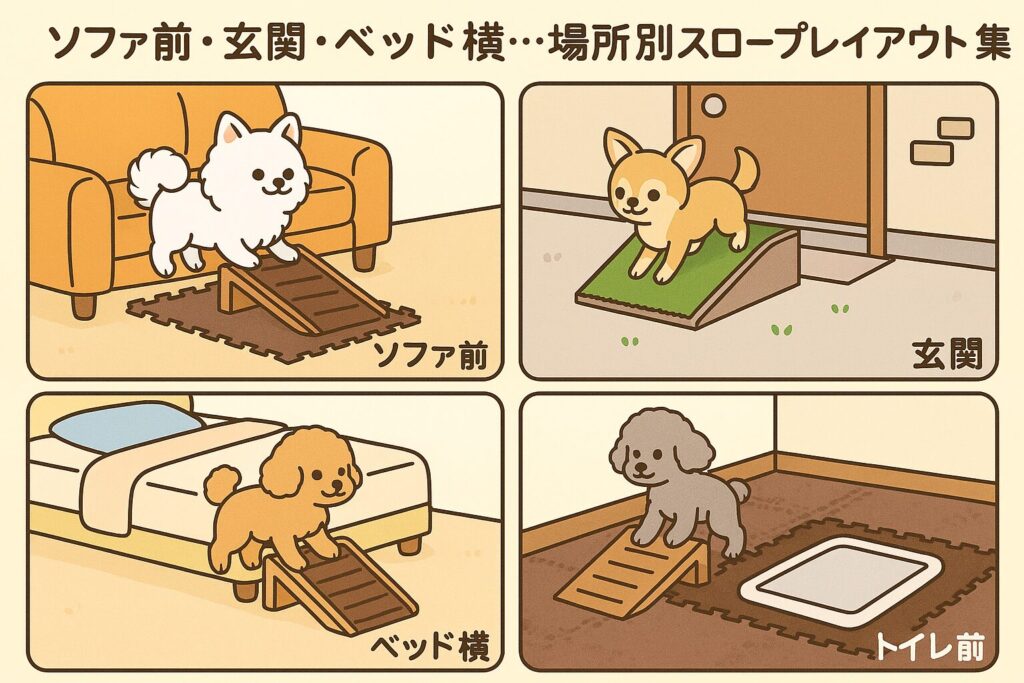 　「4コマ風レイアウトで、ソファ前・玄関・ベッド横・トイレ前にそれぞれスロープが設置されている様子を描いたイラスト。
　ソファ前には白ポメラニアン、玄関にはチワワ、ベッド横にはアプリコットプードル、トイレ前にはシルバートイプードルが、それぞれスロープを使っている。
　床にはジョイントマットや人工芝が描かれ、場所ごとのポイントが視覚的にわかるかわいくポップなイラスト風。」